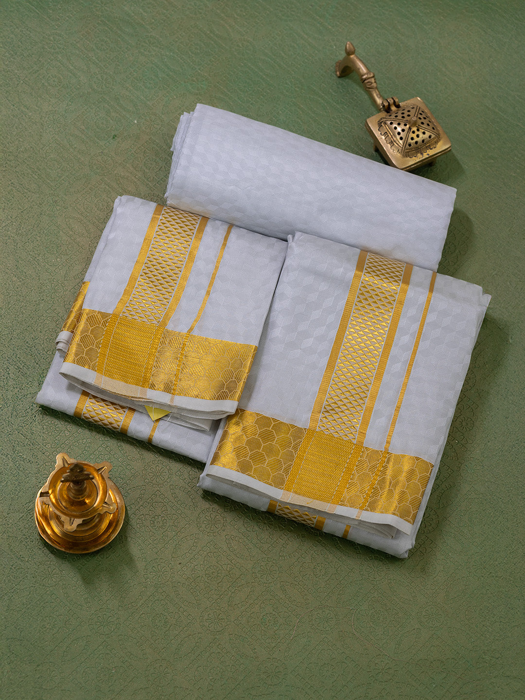 Men Pure Silk Grey Dhoti Shirting & Towel Set with 2 1/2 " inch Gold Jari Border RJ01