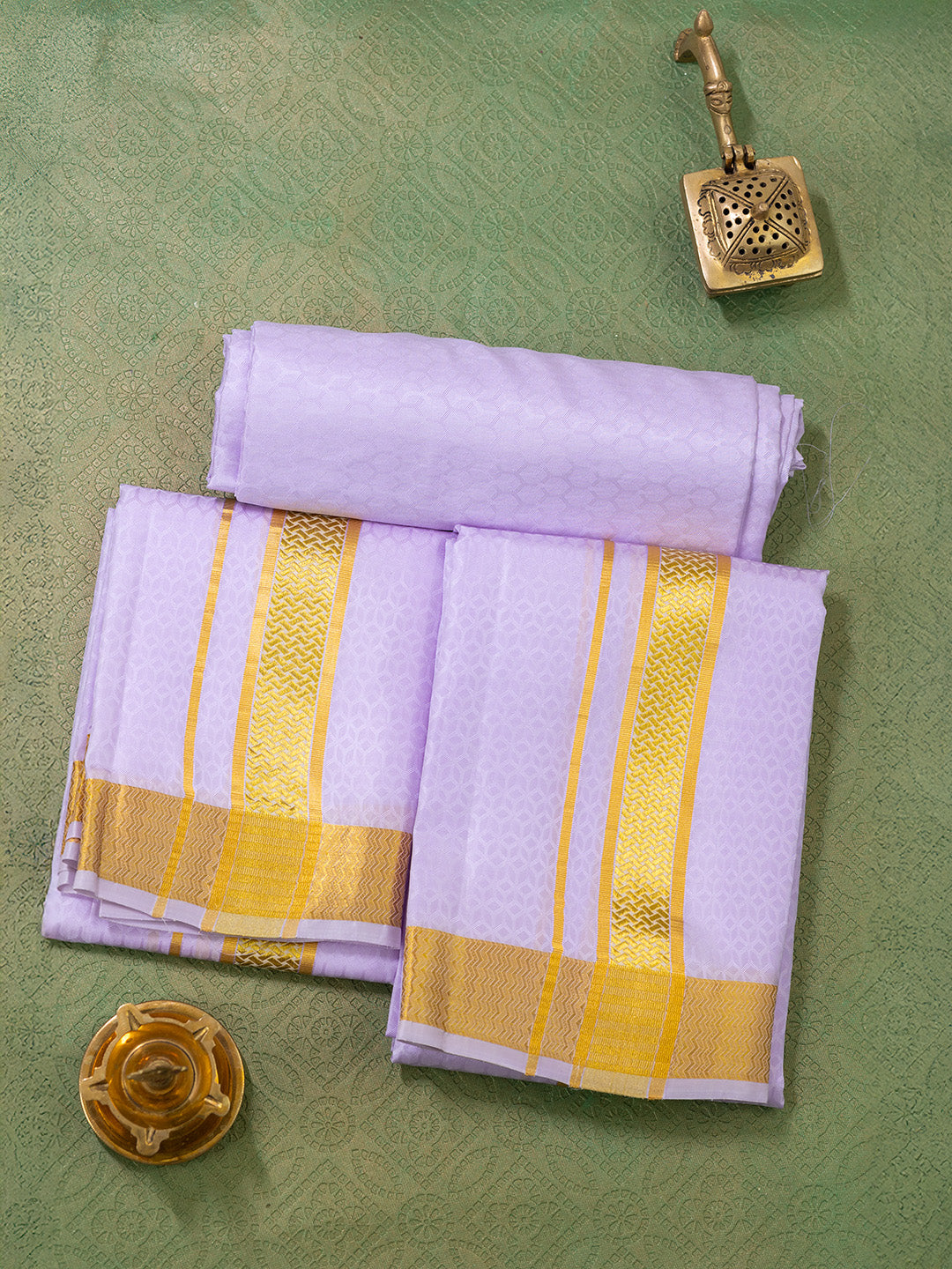 Men Pure Silk Lavender Dhoti Shirting & Towel Set with 2" inch Gold Jari Border
