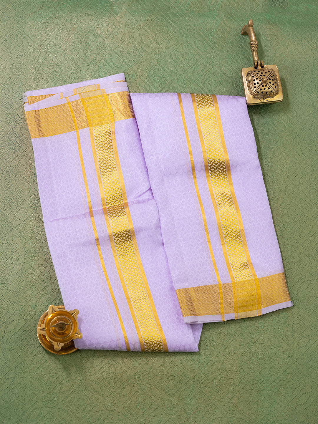 Men Pure Silk Lavender Dhoti Shirting & Towel Set with 2" inch Gold Jari Border