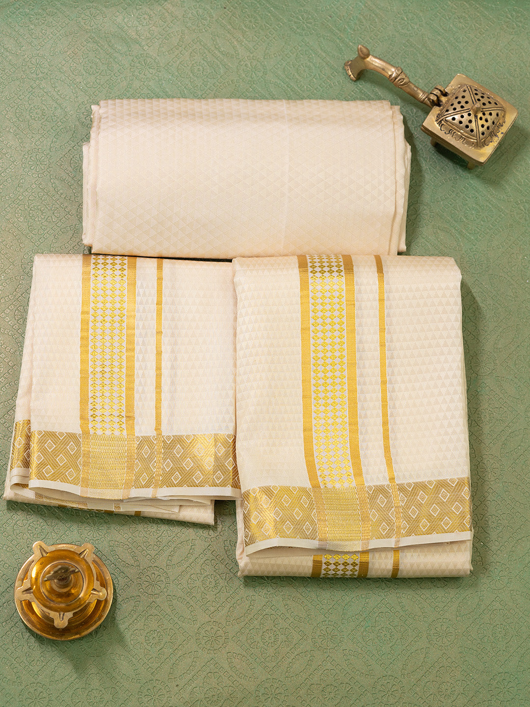 Men Pure Silk Gold Dhoti Shirting & Towel Set with 2" inch Gold Jari Border RJ01