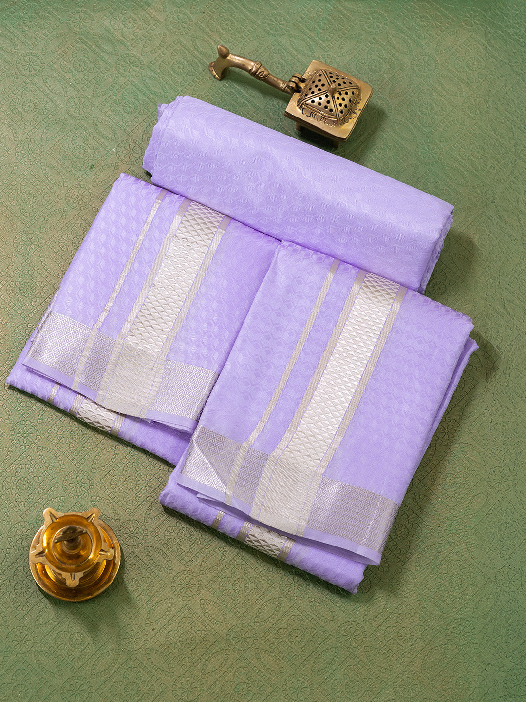 Men Pure Silk Lavender Dhoti Shirting & Towel Set with 2" inch Silver Jari Border RJ07