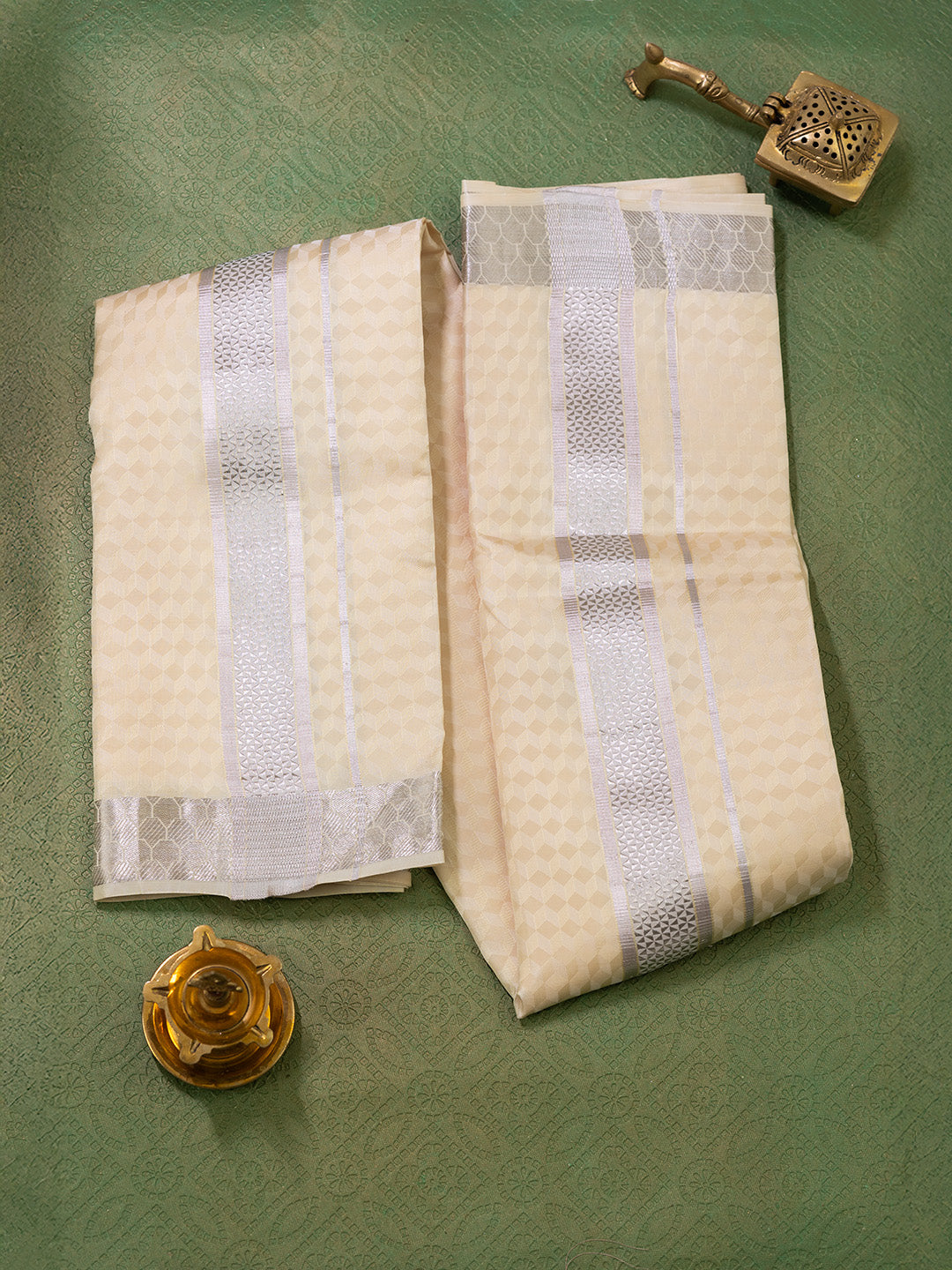 Men Pure Silk Sandal Dhoti Shirting & Towel Set with 2" inch Silver Jari Border RJ06