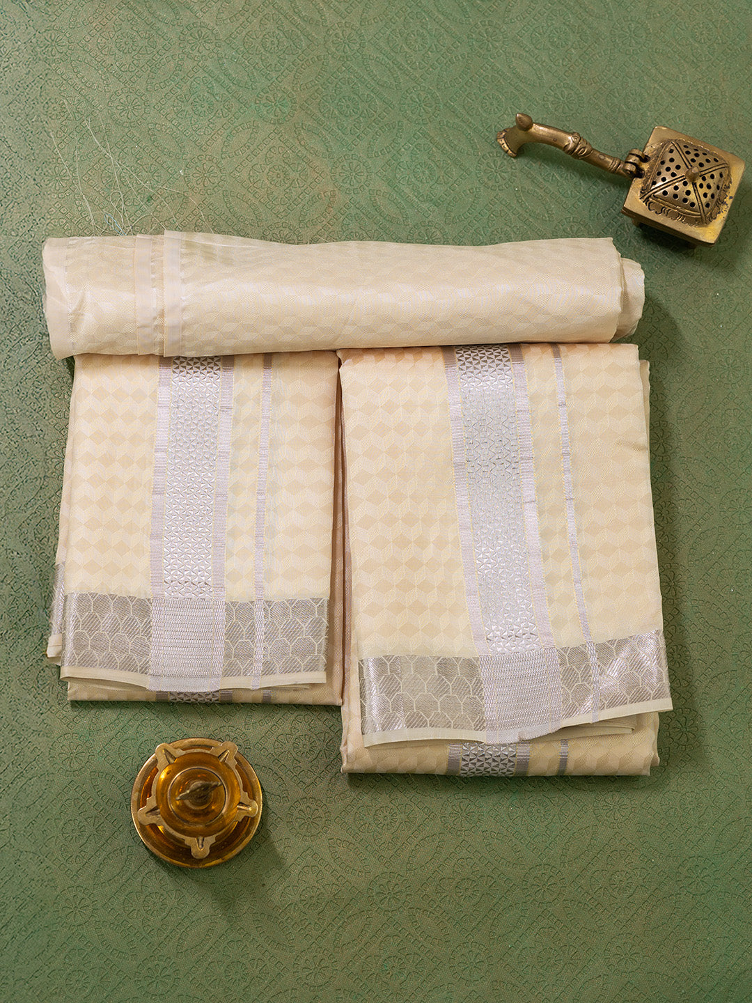 Men Pure Silk Sandal Dhoti Shirting & Towel Set with 2" inch Silver Jari Border RJ06