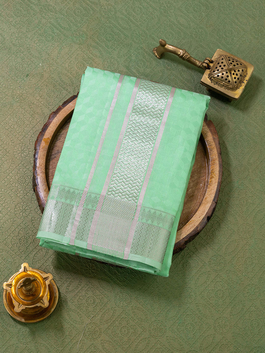 Men Pure Silk Green Dhoti Shirting & Towel Set with 3" inch Silver Jari Border RJ01