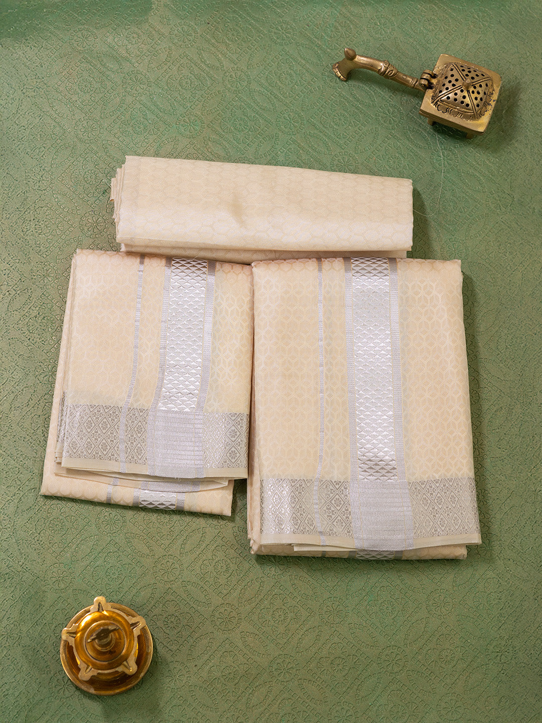 Men Pure Silk Sandal Dhoti Shirting & Towel Set with 2" inch Silver Jari Border RJ05