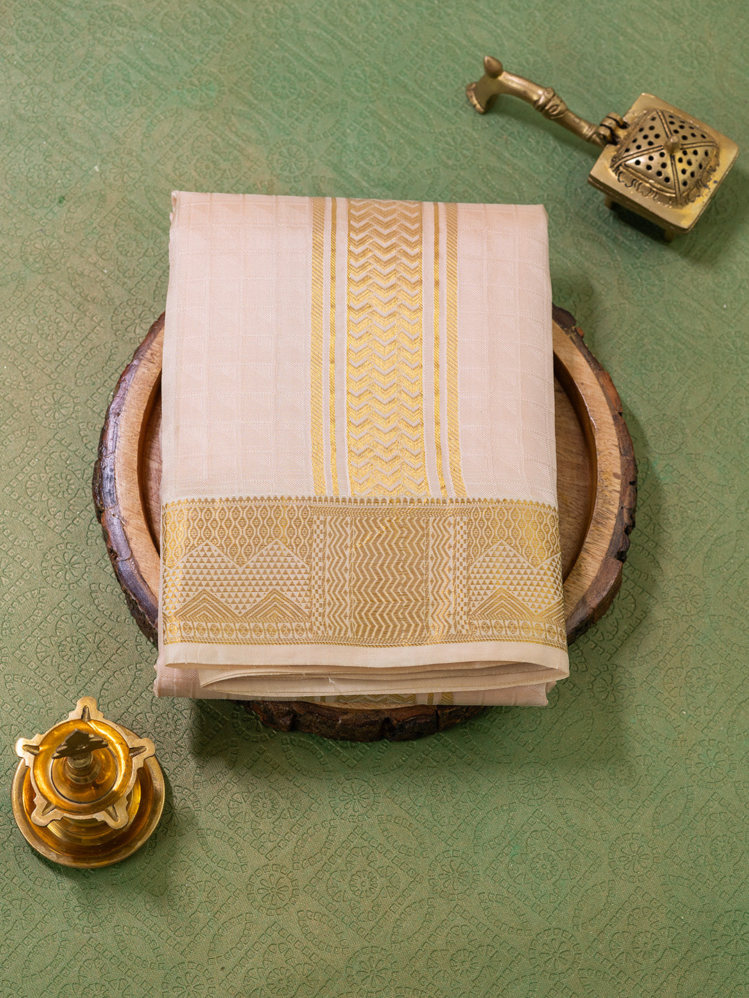 Men Pure Silk Beige Dhoti & Towel Set with 3" inch Fancy Jari Border TK13