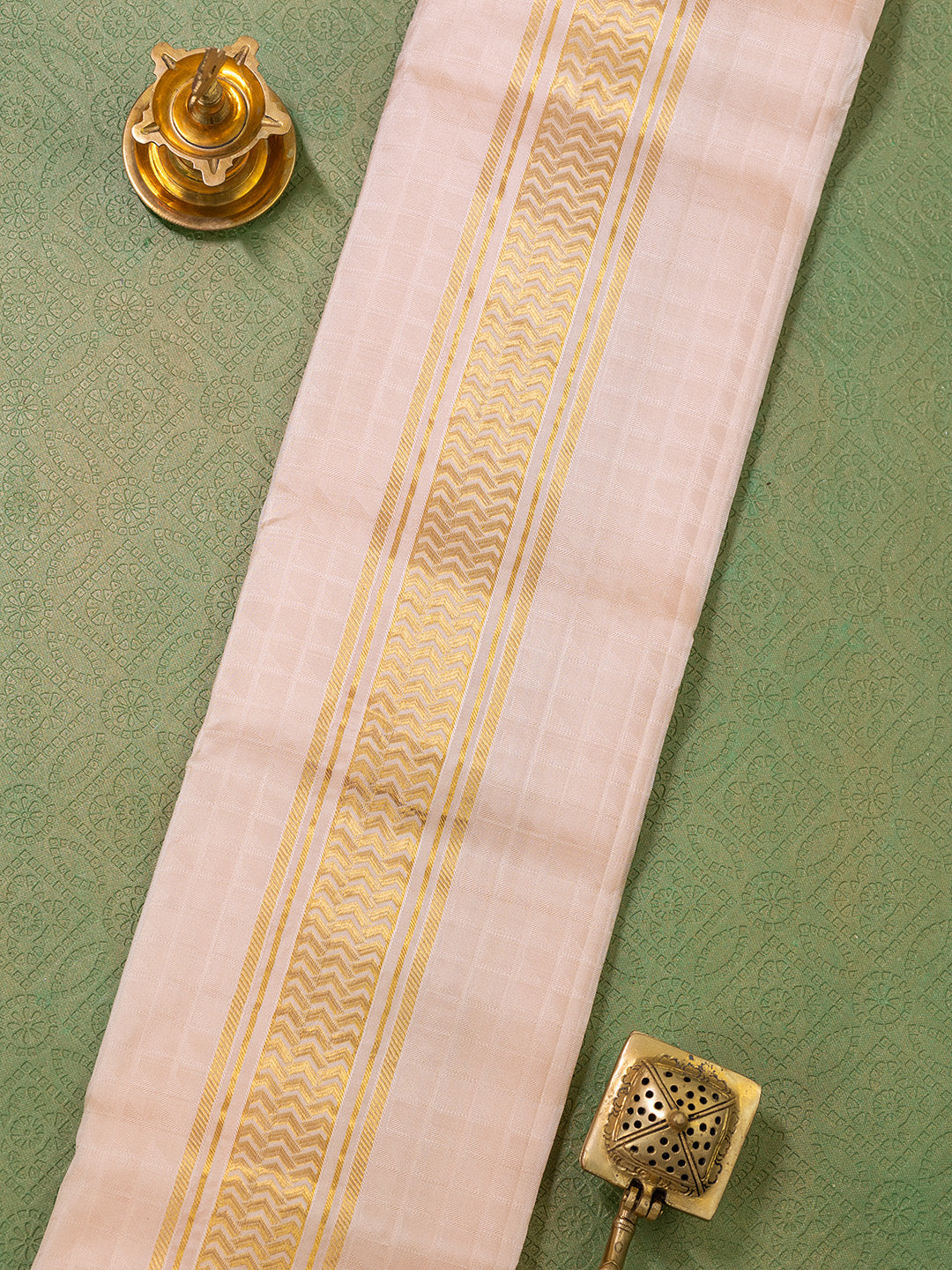 Men Pure Silk Beige Dhoti & Towel Set with 3" inch Fancy Jari Border TK13