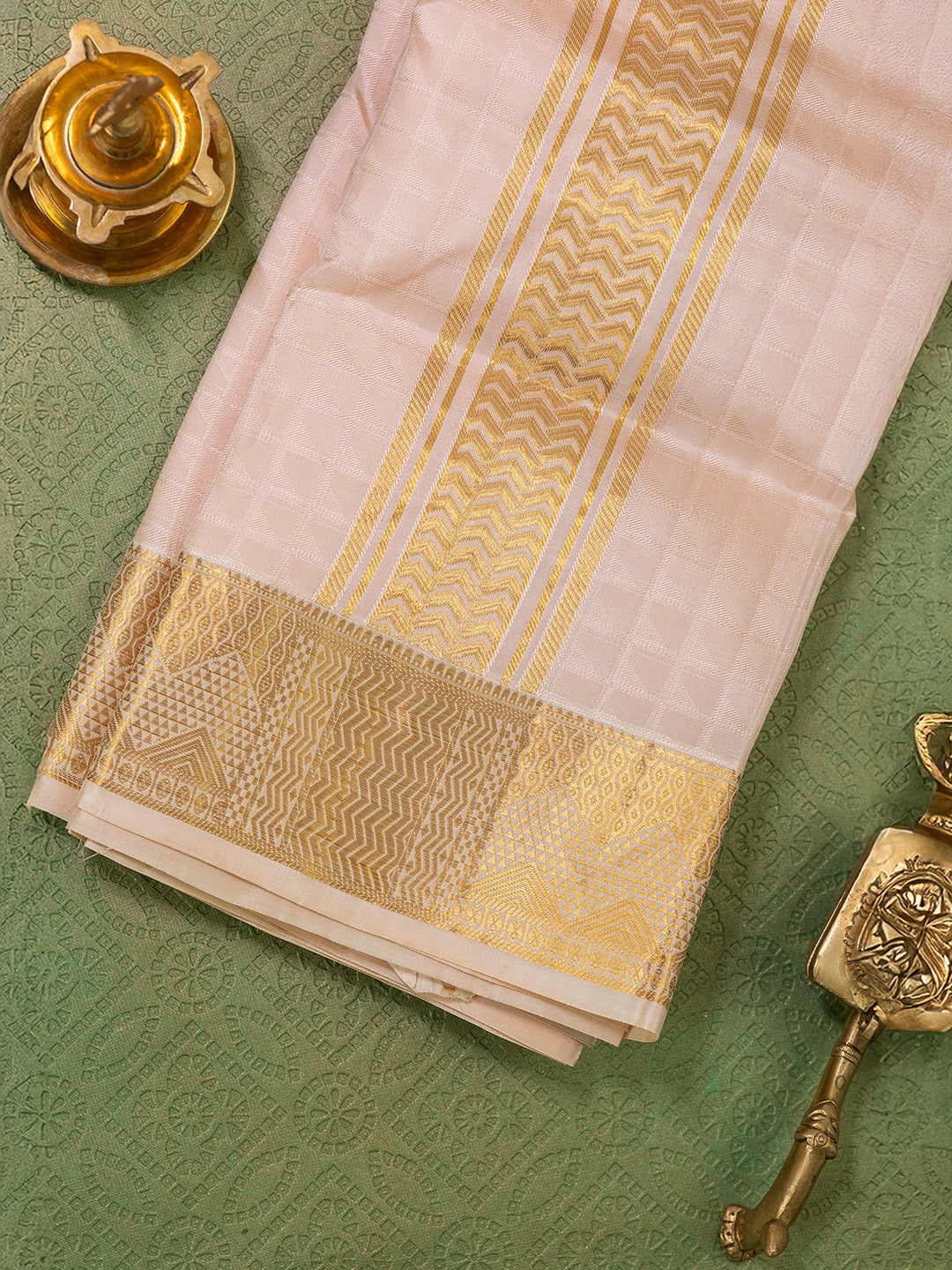 Men Pure Silk Beige Dhoti & Towel Set with 3" inch Fancy Jari Border TK13