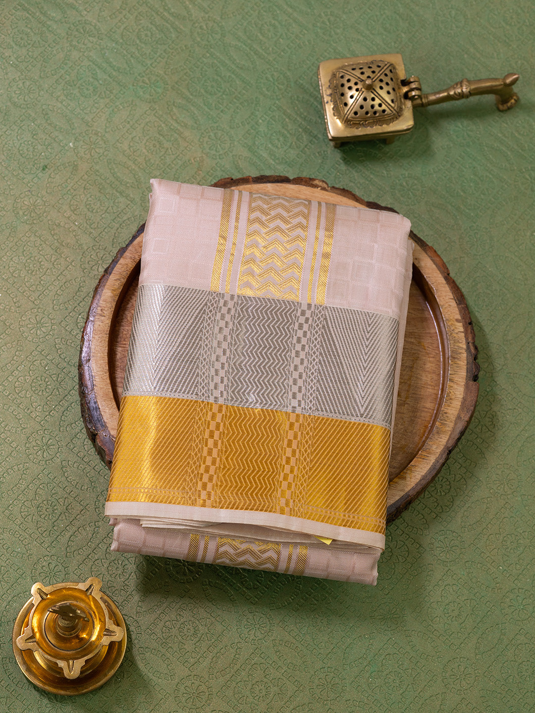 Men Pure Silk Beige Dhoti & Towel Set with 3" inch Fancy Jari Border TK14