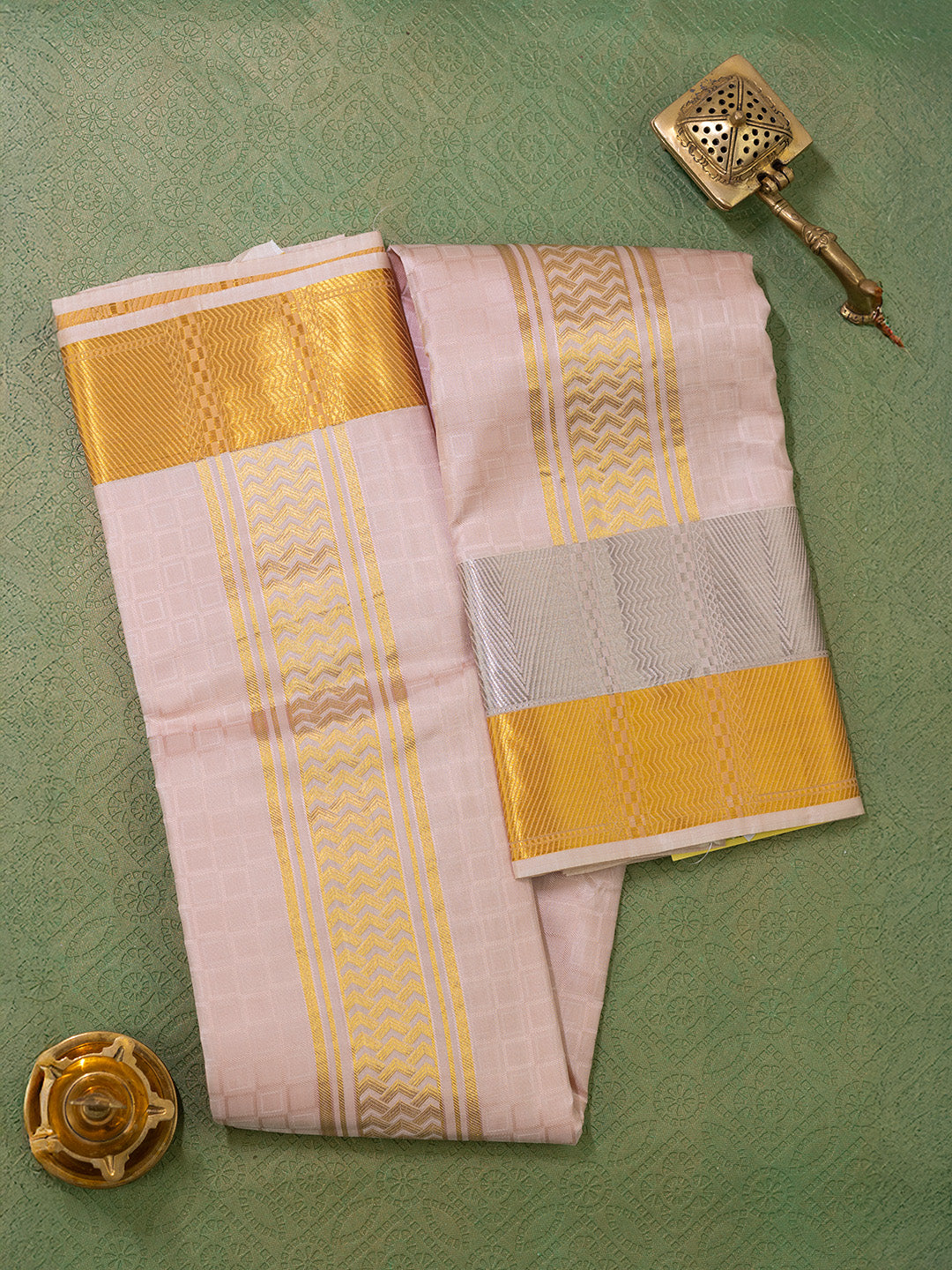 Men Pure Silk Beige Dhoti & Towel Set with 3" inch Fancy Jari Border TK14