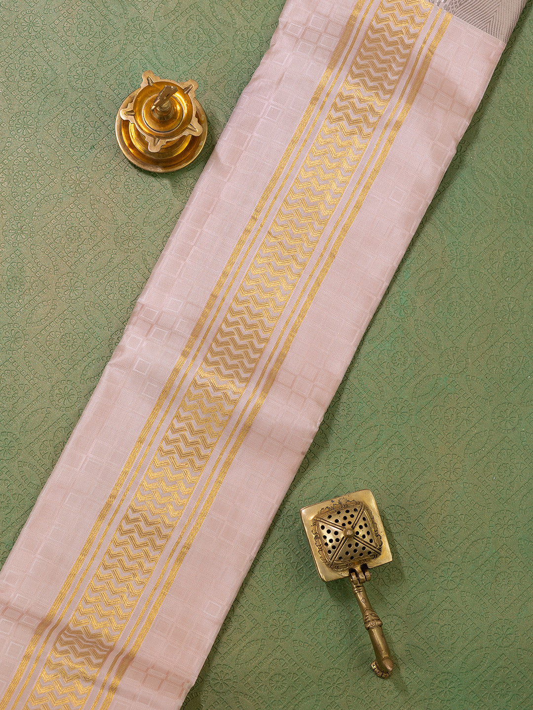 Men Pure Silk Beige Dhoti & Towel Set with 3" inch Fancy Jari Border TK14