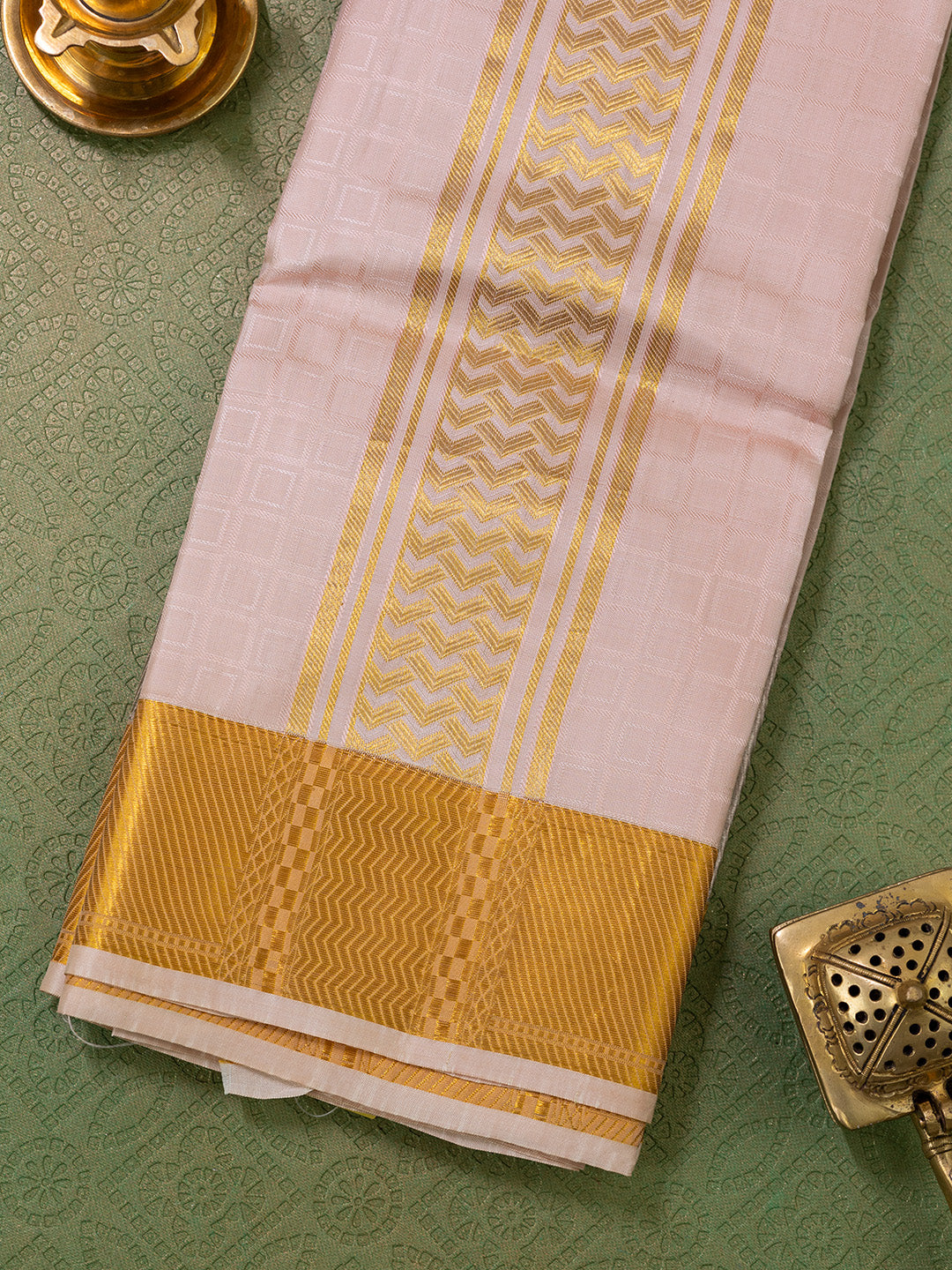 Men Pure Silk Beige Dhoti & Towel Set with 3" inch Fancy Jari Border TK14