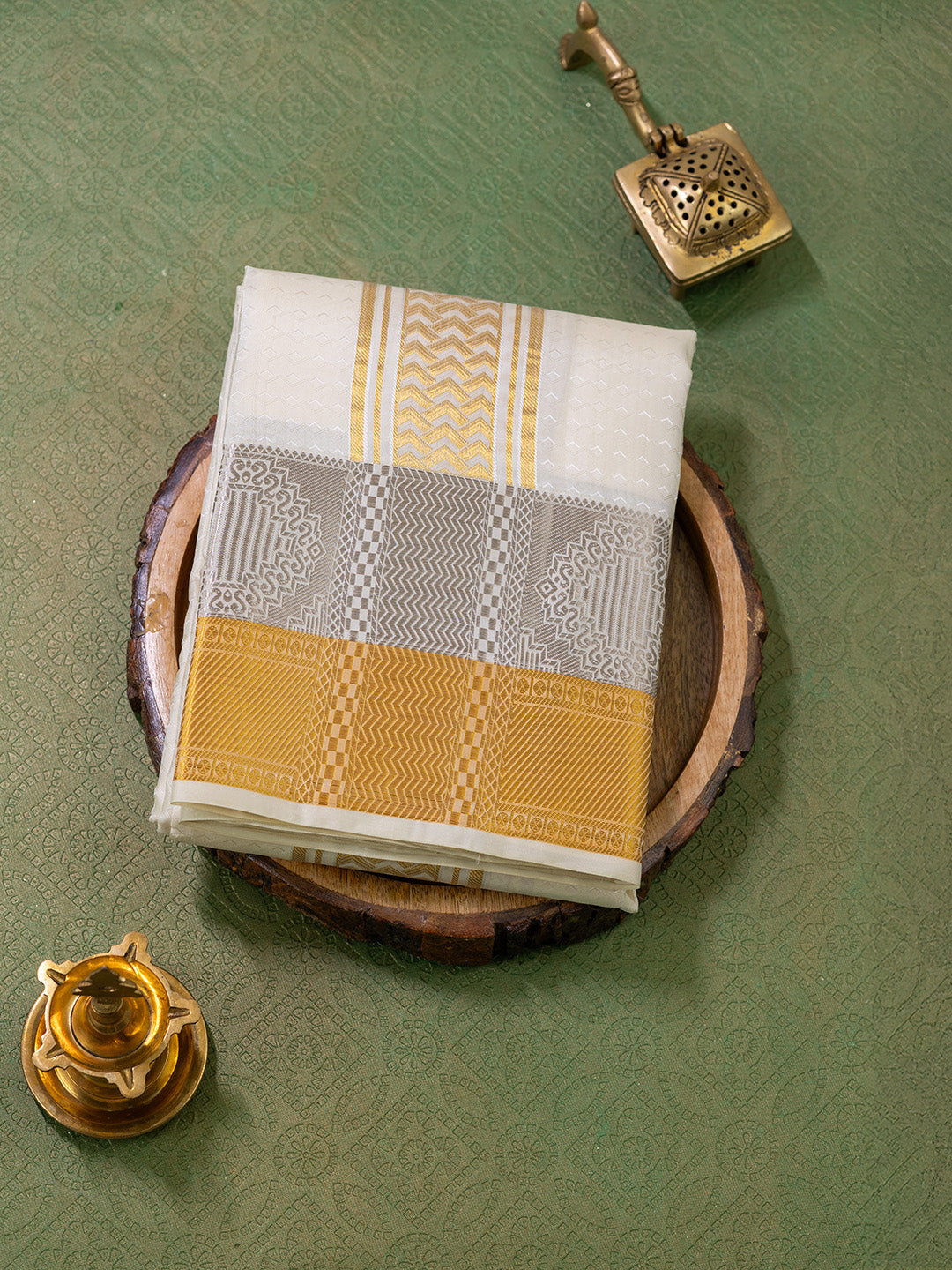 Men Pure Silk Cream Dhoti & Towel Set with 3" inch Fancy Jari Border TK11
