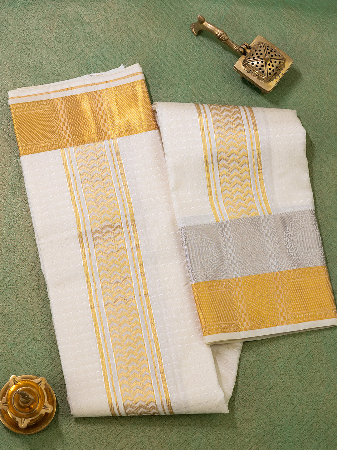 Men Pure Silk Cream Dhoti & Towel Set with 3" inch Fancy Jari Border TK11
