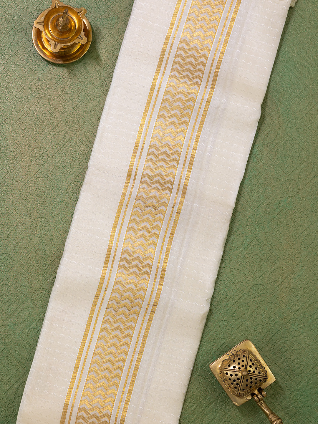 Men Pure Silk Cream Dhoti & Towel Set with 3" inch Fancy Jari Border TK11
