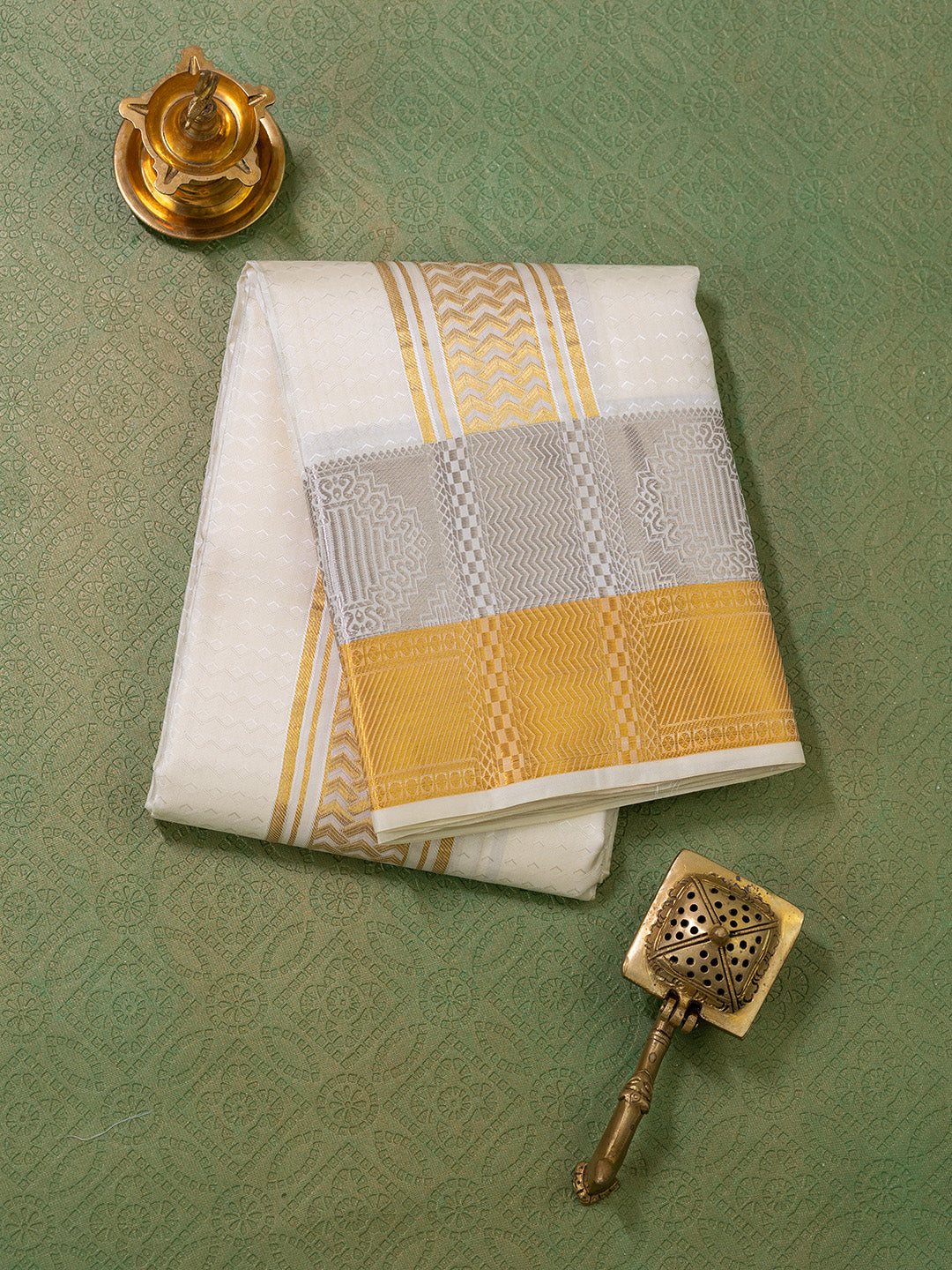 Men Pure Silk Cream Dhoti & Towel Set with 3" inch Fancy Jari Border TK11