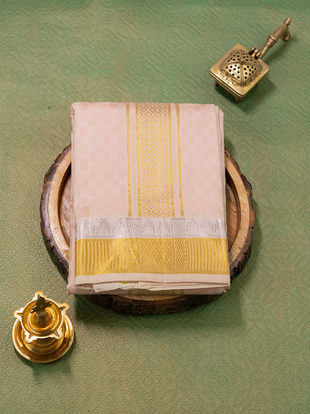 Men Pure Silk Beige Dhoti & Towel Set with 3" inch Gold Jari Border TK06