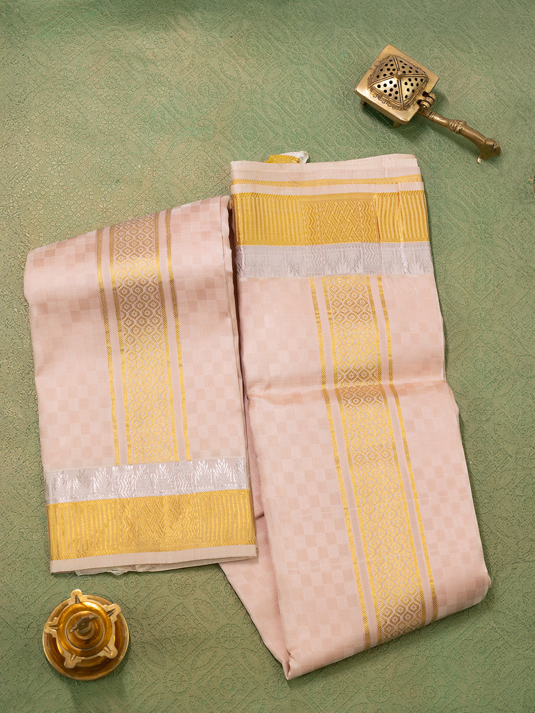 Men Pure Silk Beige Dhoti & Towel Set with 3" inch Gold Jari Border TK06
