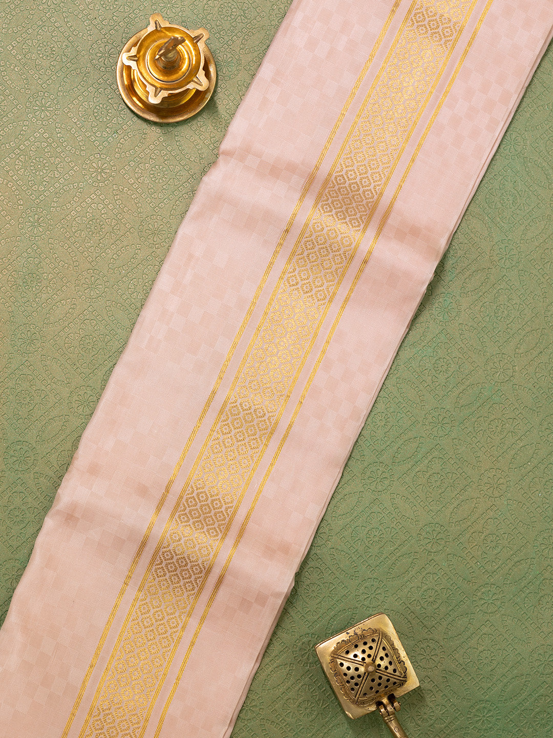 Men Pure Silk Beige Dhoti & Towel Set with 3" inch Gold Jari Border TK06