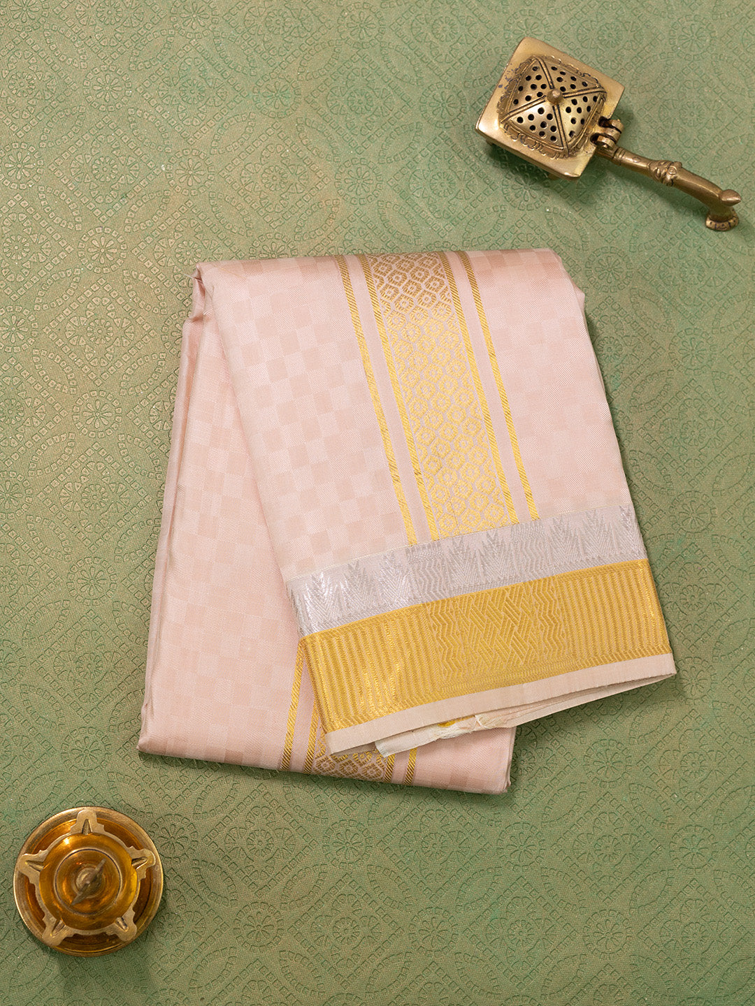 Men Pure Silk Beige Dhoti & Towel Set with 3" inch Gold Jari Border TK06