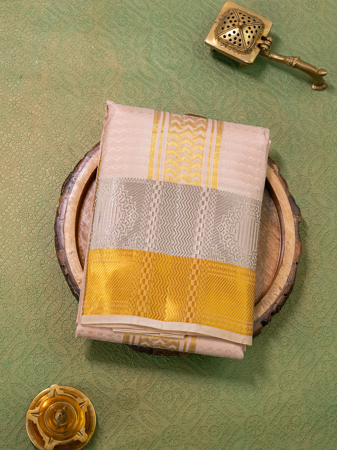 Men Pure Silk Coral Dhoti & Towel Set with 3" inch Fancy Jari Border TK16