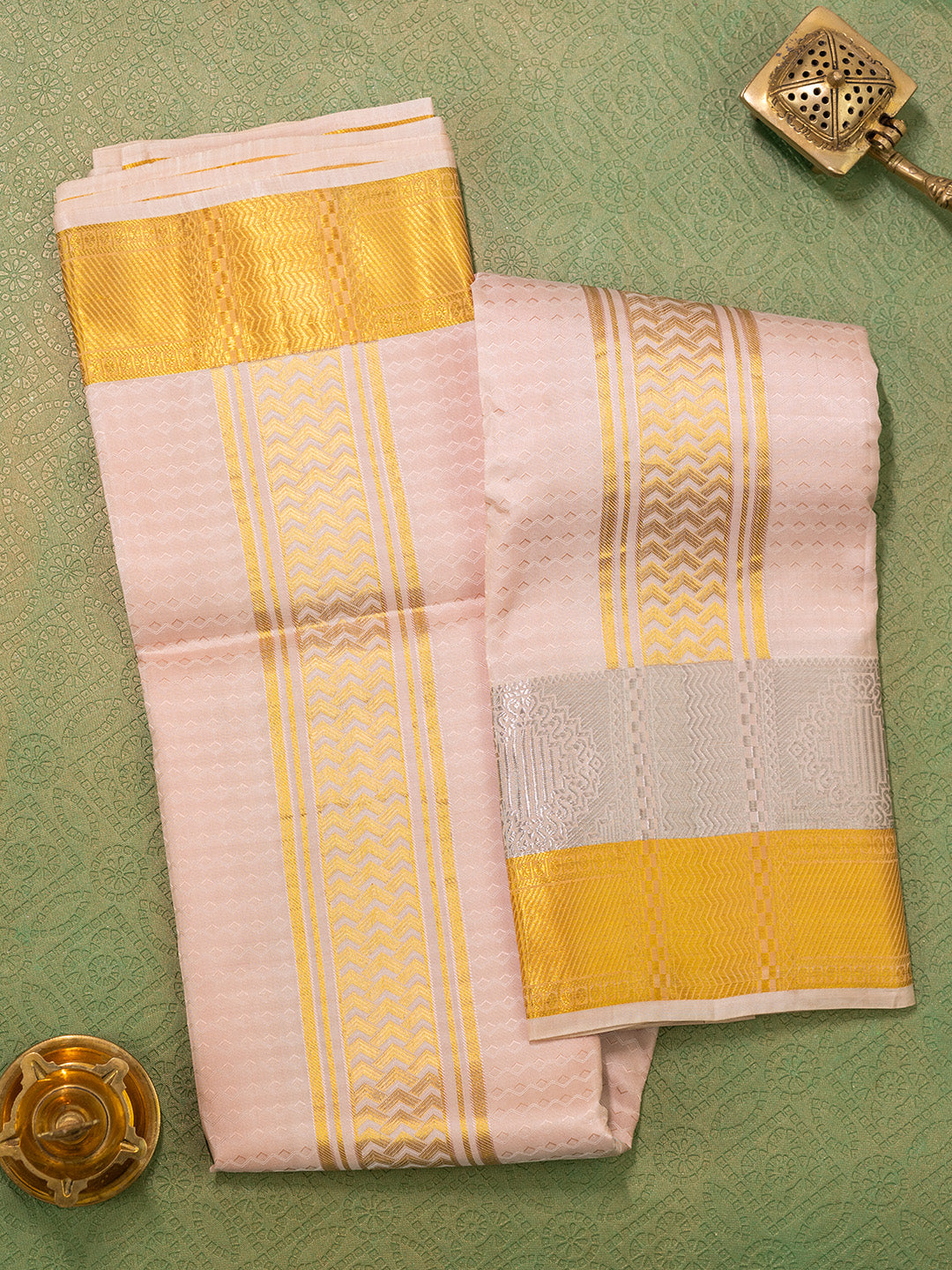 Men Pure Silk Coral Dhoti & Towel Set with 3" inch Fancy Jari Border TK16