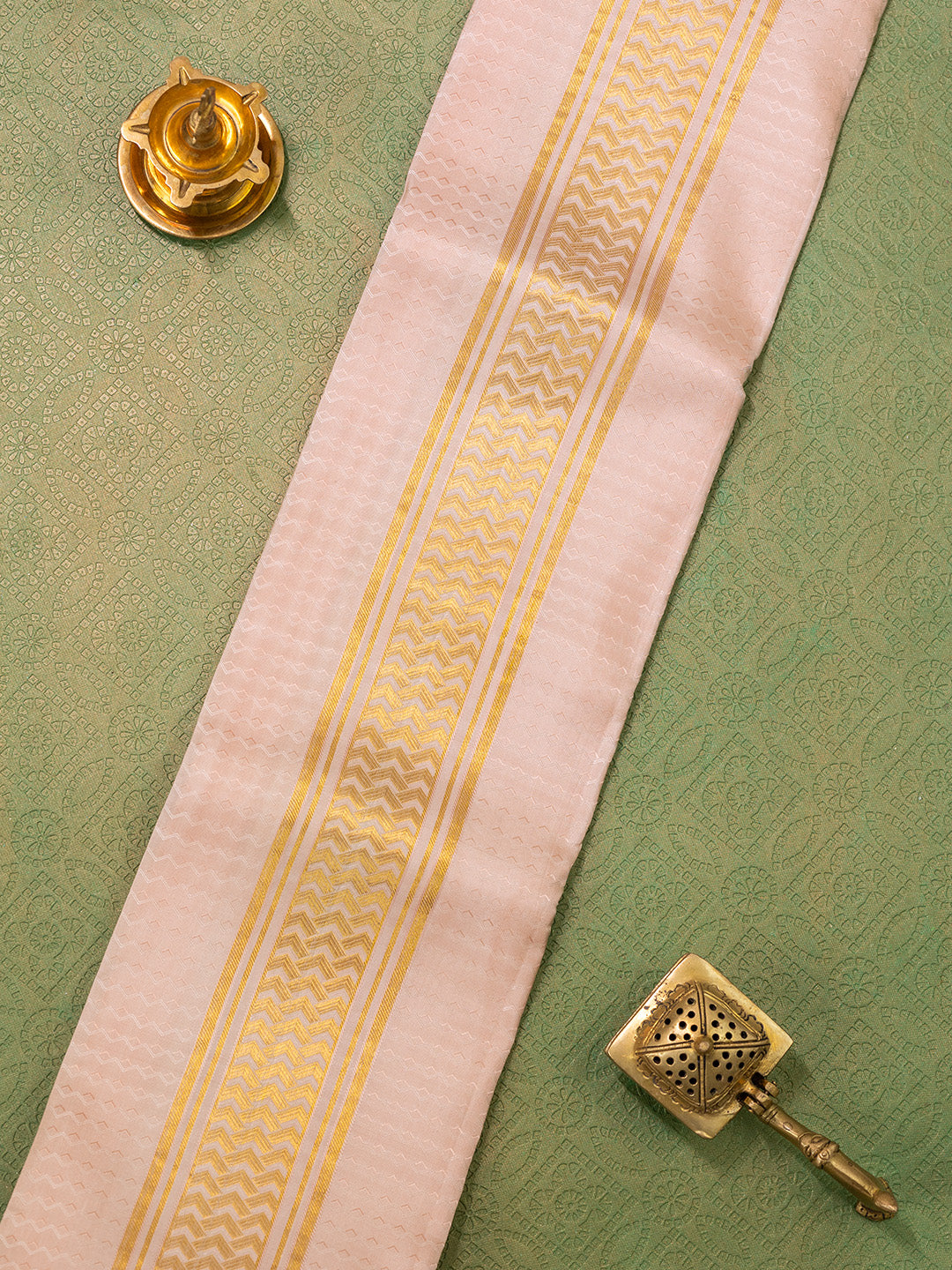 Men Pure Silk Coral Dhoti & Towel Set with 3" inch Fancy Jari Border TK16