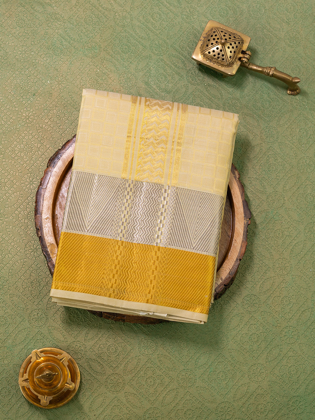 Men Pure Silk Gold Dhoti & Towel Set with 3" inch Gold Jari Border TK05