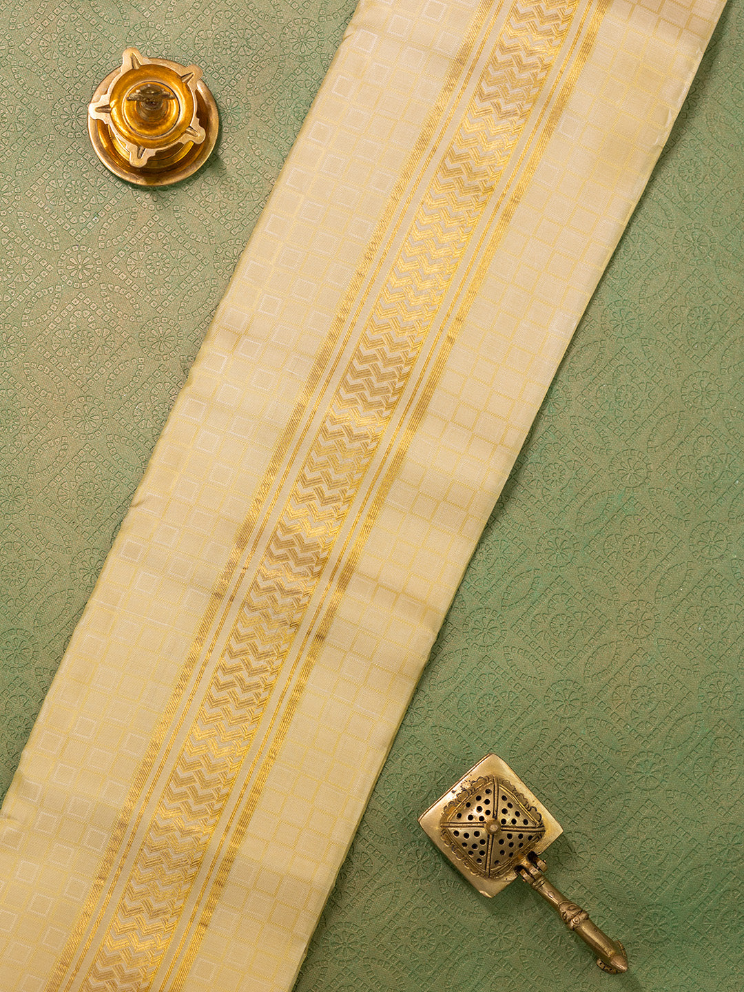 Men Pure Silk Gold Dhoti & Towel Set with 3" inch Gold Jari Border TK05