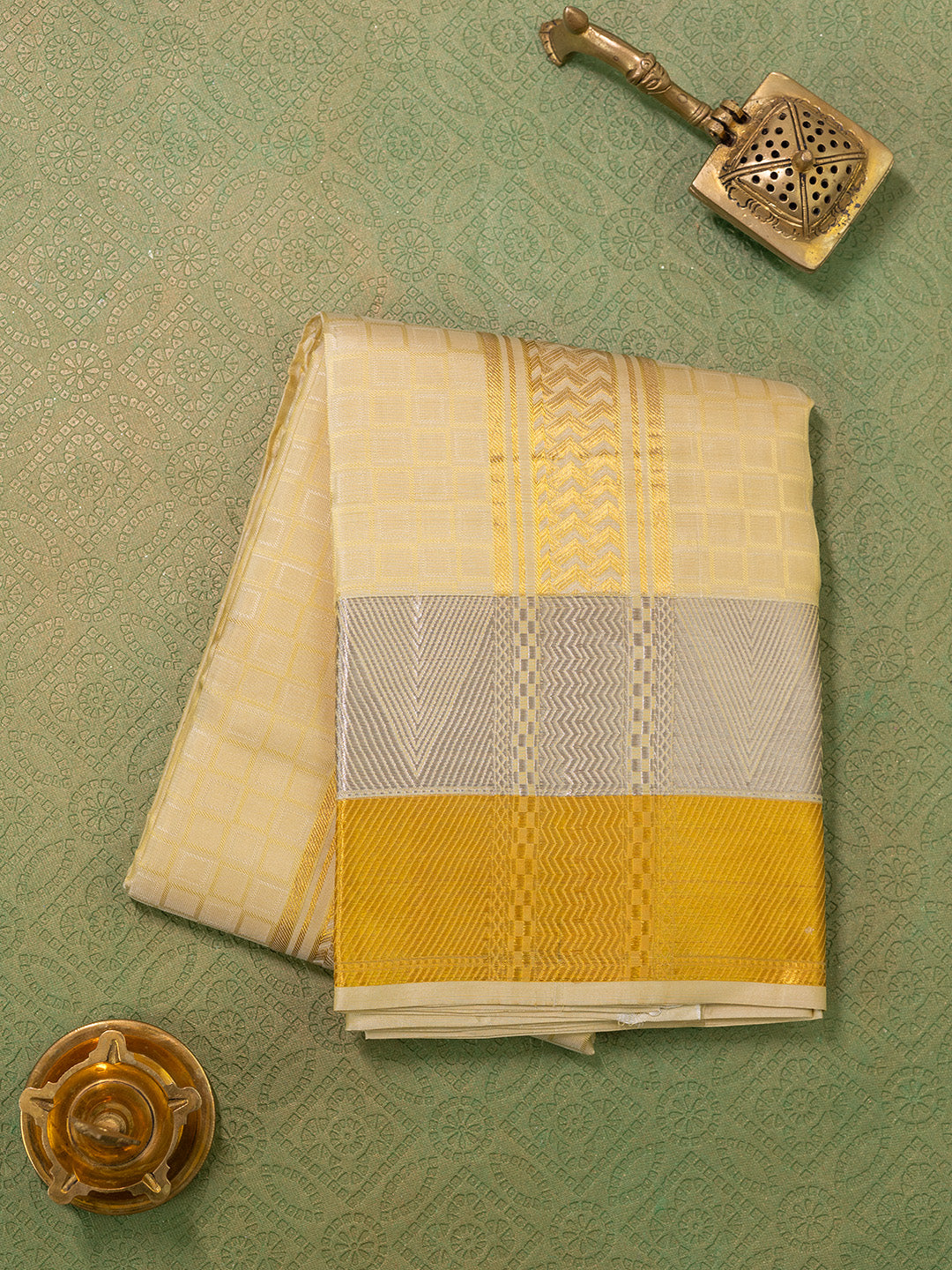 Men Pure Silk Gold Dhoti & Towel Set with 3" inch Gold Jari Border TK05
