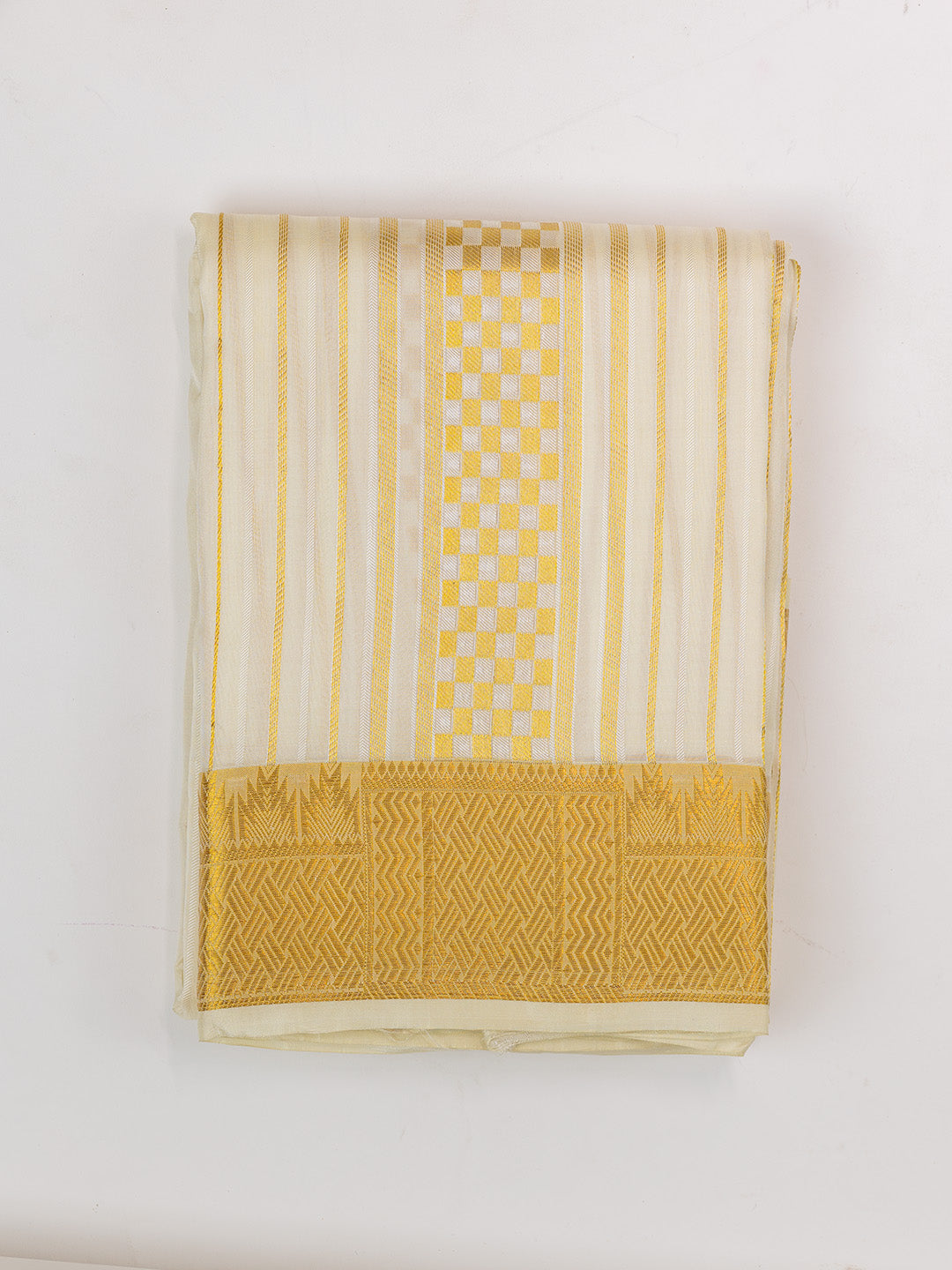Men Pure Silk Cream Dhoti & Towel Set with 3" inch Fancy Jari Border TK09