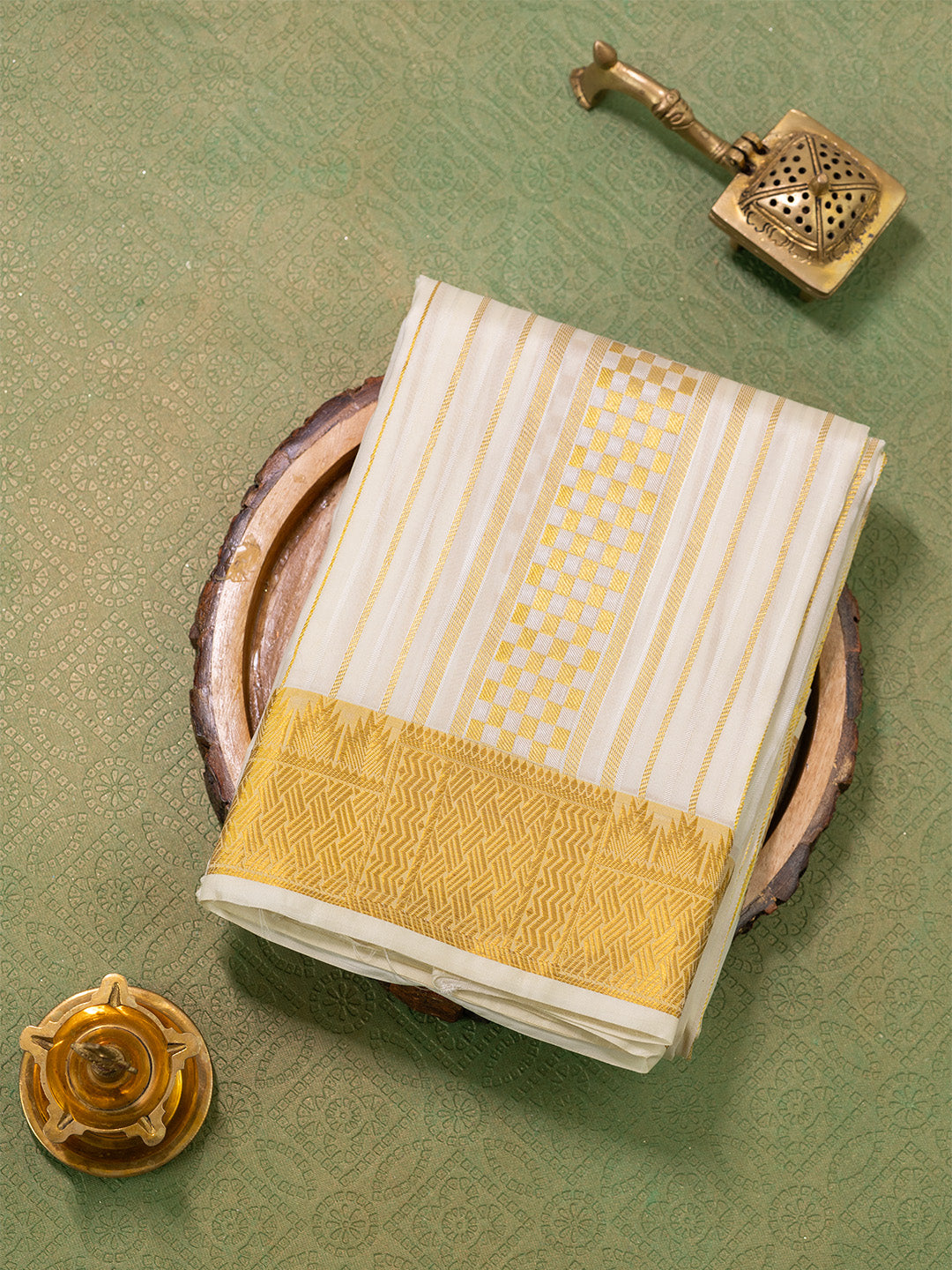 Men Pure Silk Cream Dhoti & Towel Set with 3" inch Fancy Jari Border TK09