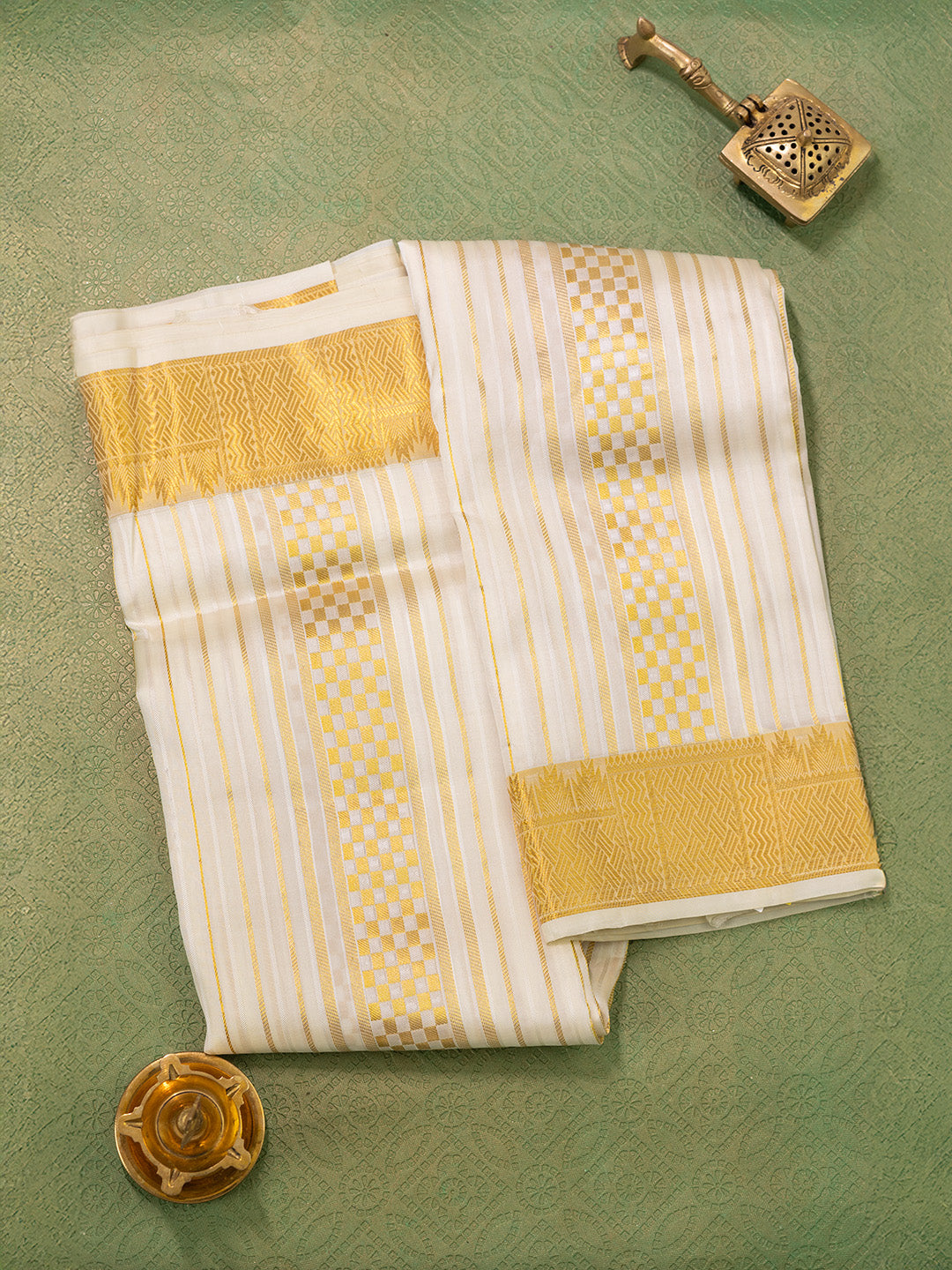 Men Pure Silk Cream Dhoti & Towel Set with 3" inch Fancy Jari Border TK09