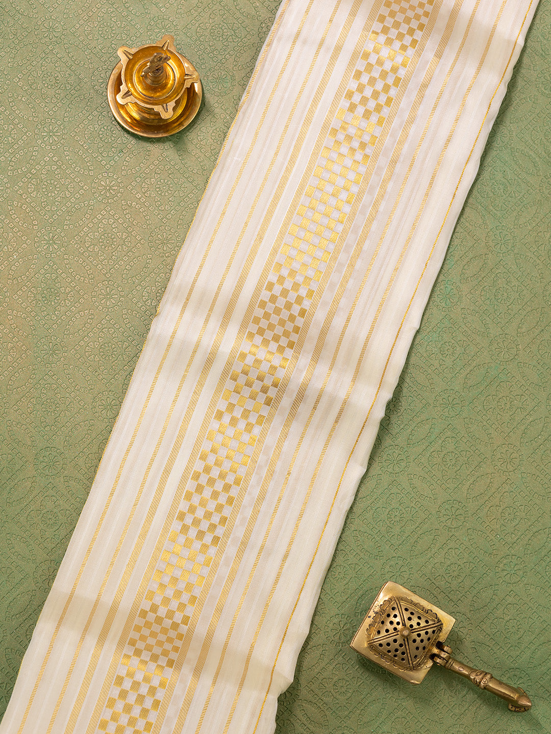 Men Pure Silk Cream Dhoti & Towel Set with 3" inch Fancy Jari Border TK09