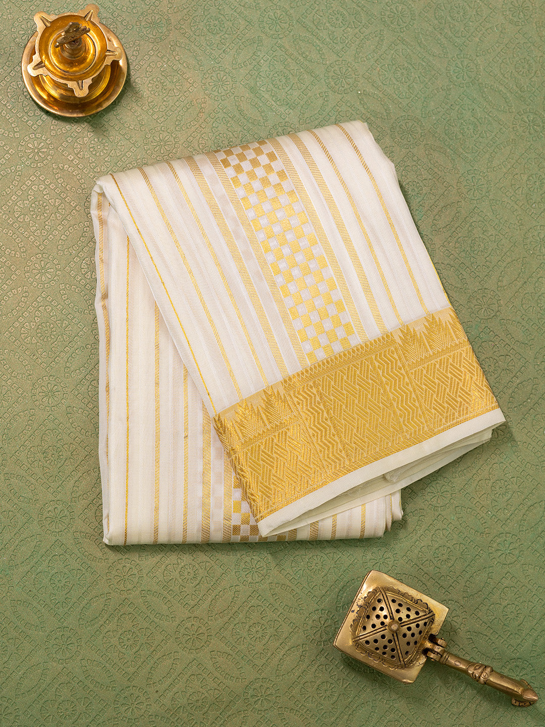 Men Pure Silk Cream Dhoti & Towel Set with 3" inch Fancy Jari Border TK09