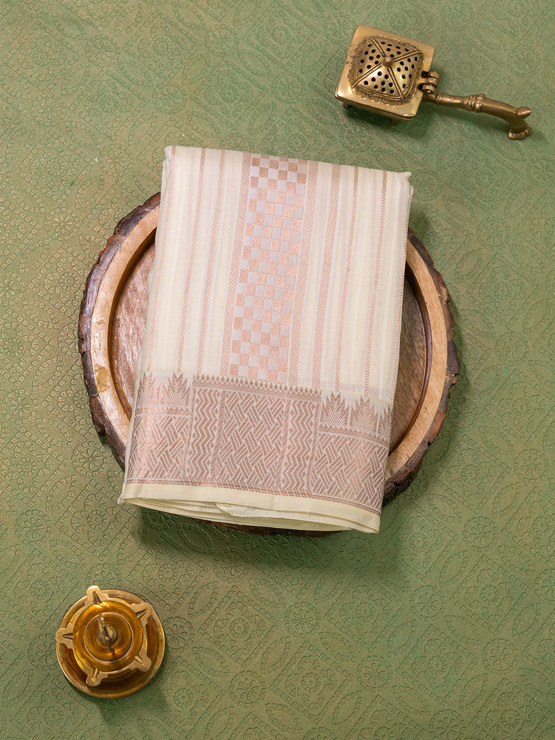 Men Pure Silk Cream Dhoti & Towel Set with 3" inch Fancy Jari Border TK17
