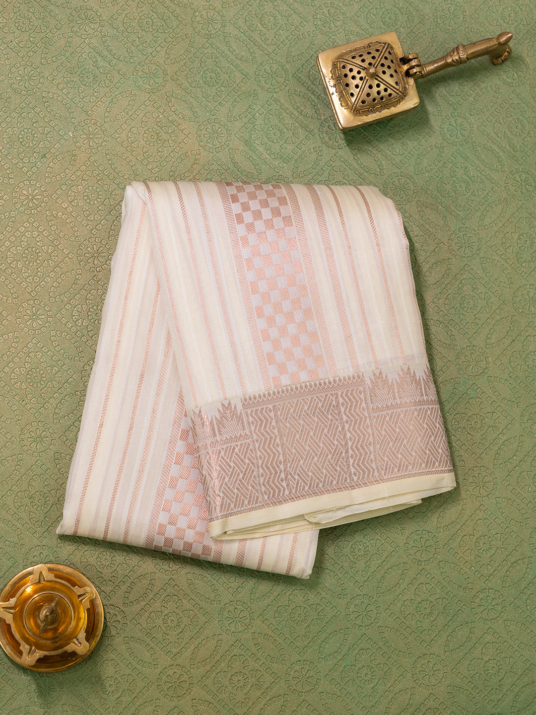 Men Pure Silk Cream Dhoti & Towel Set with 3" inch Fancy Jari Border TK17