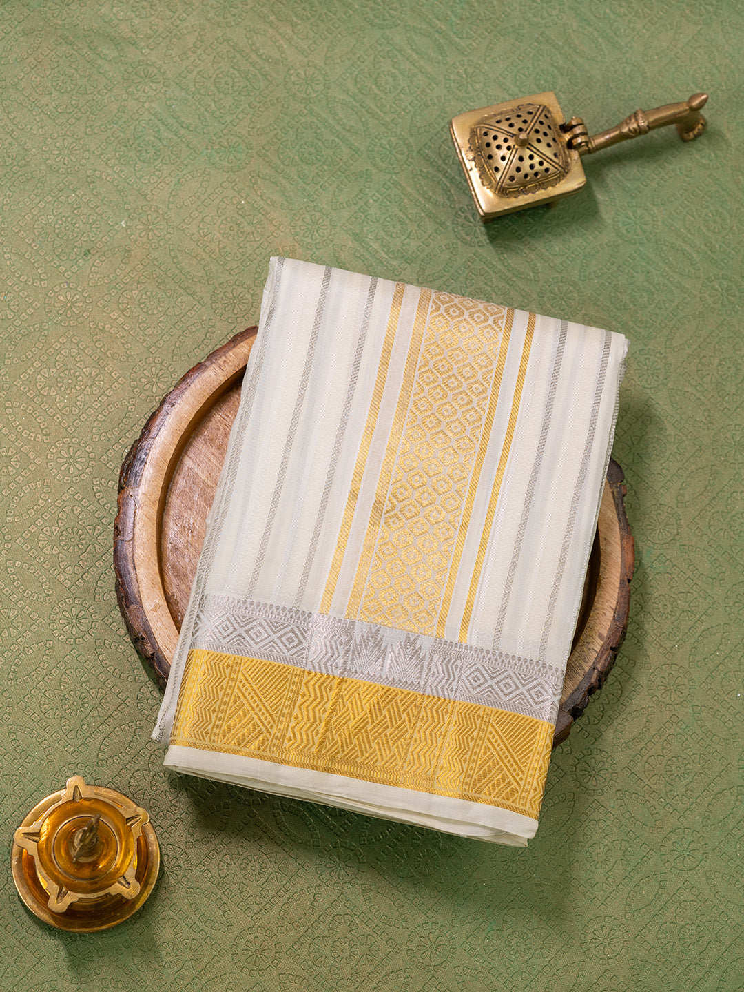 Men Pure Silk Cream Dhoti & Towel Set with 3" inch Gold Jari Border TK01