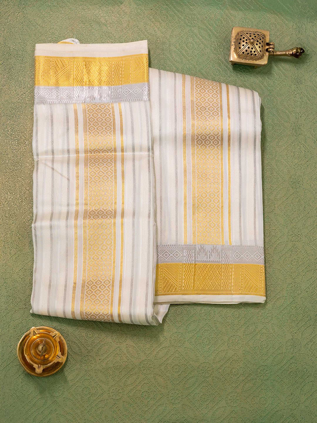 Men Pure Silk Cream Dhoti & Towel Set with 3" inch Gold Jari Border TK01