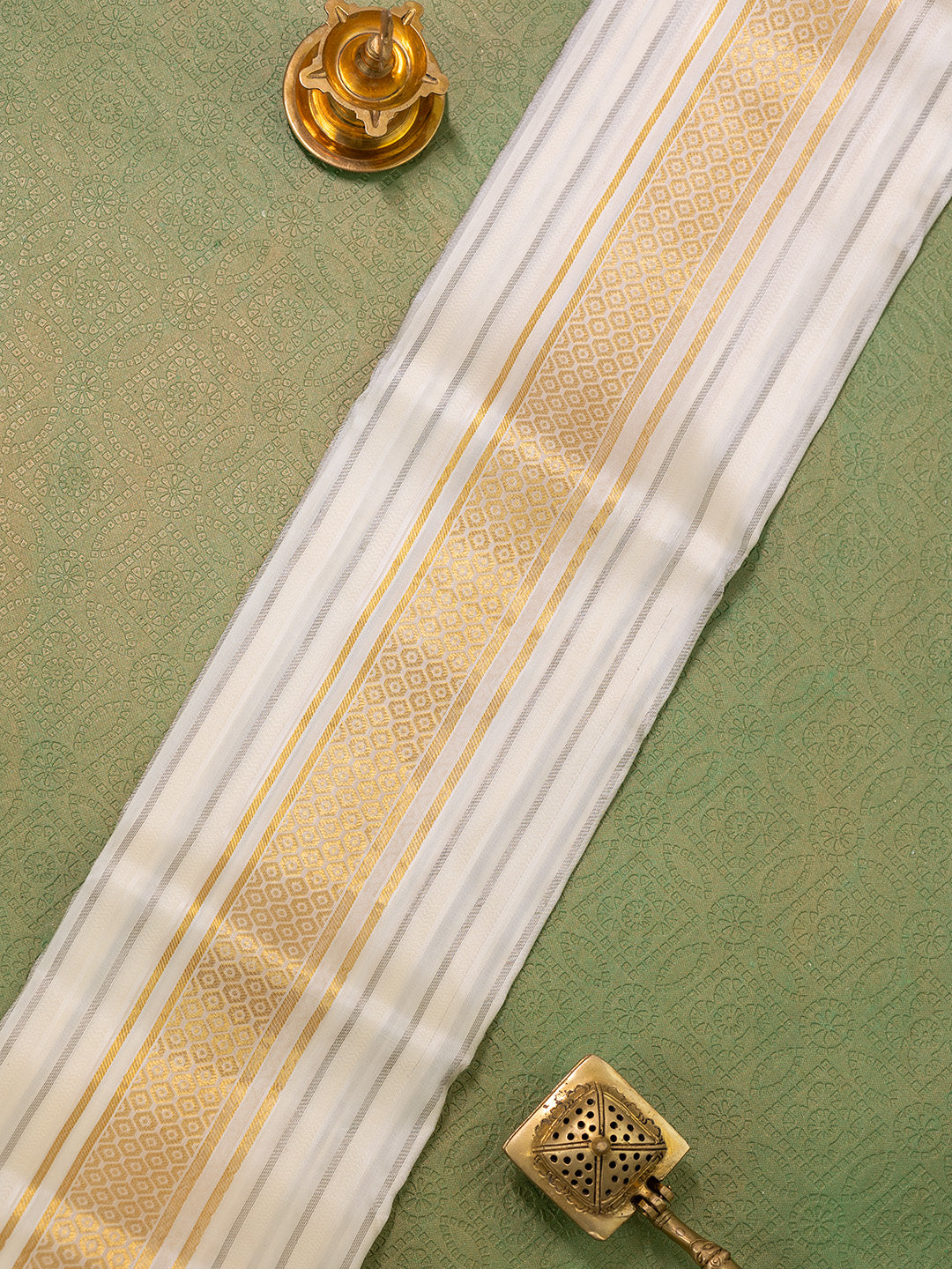 Men Pure Silk Cream Dhoti & Towel Set with 3" inch Gold Jari Border TK01