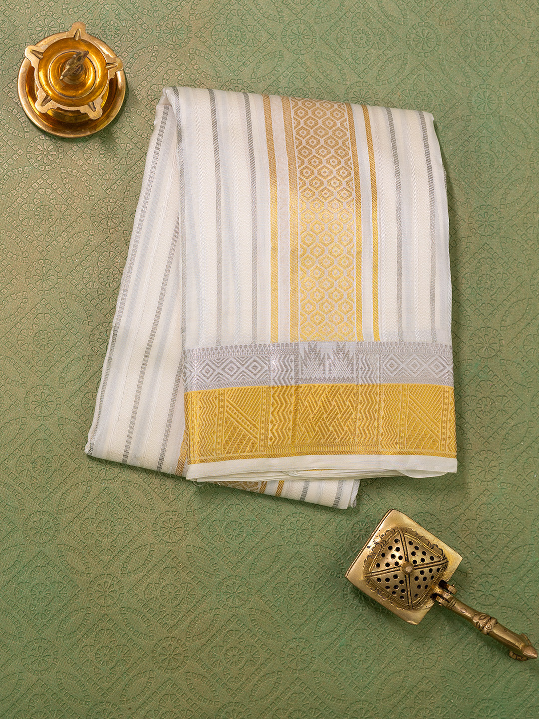 Men Pure Silk Cream Dhoti & Towel Set with 3" inch Gold Jari Border TK01