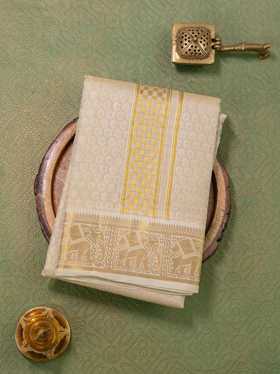 Men Pure Silk Gold Dhoti & Towel Set with 3" inch Fancy Jari Border TK08