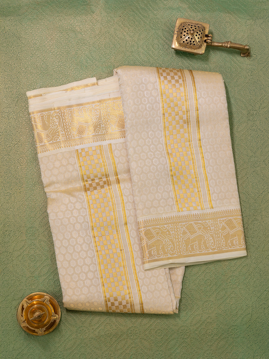 Men Pure Silk Gold Dhoti & Towel Set with 3" inch Fancy Jari Border TK08