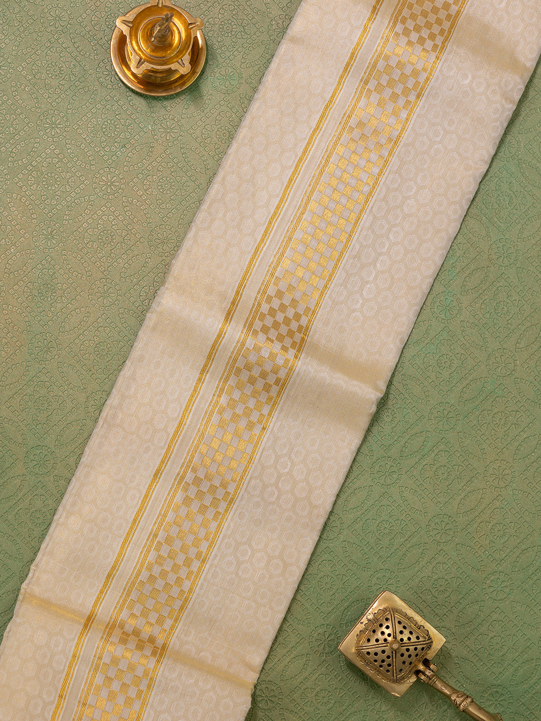 Men Pure Silk Gold Dhoti & Towel Set with 3" inch Fancy Jari Border TK08