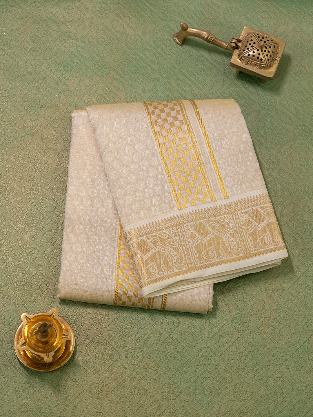 Men Pure Silk Gold Dhoti & Towel Set with 3" inch Fancy Jari Border TK08