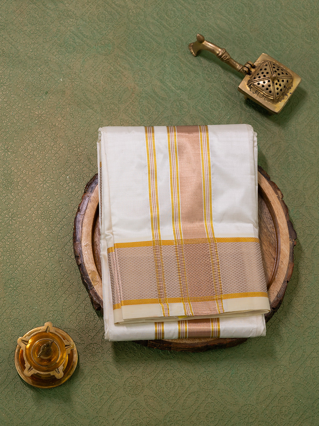 Men Pure Silk Cream Dhoti & Towel Set with 3" inch Gold Jari Border TK02