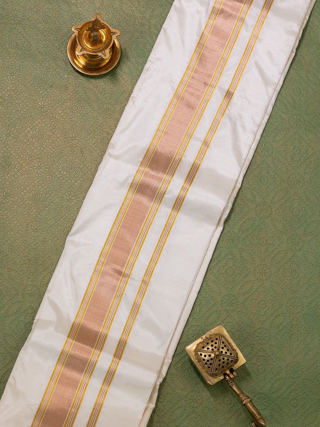Men Pure Silk Cream Dhoti & Towel Set with 3" inch Gold Jari Border TK02