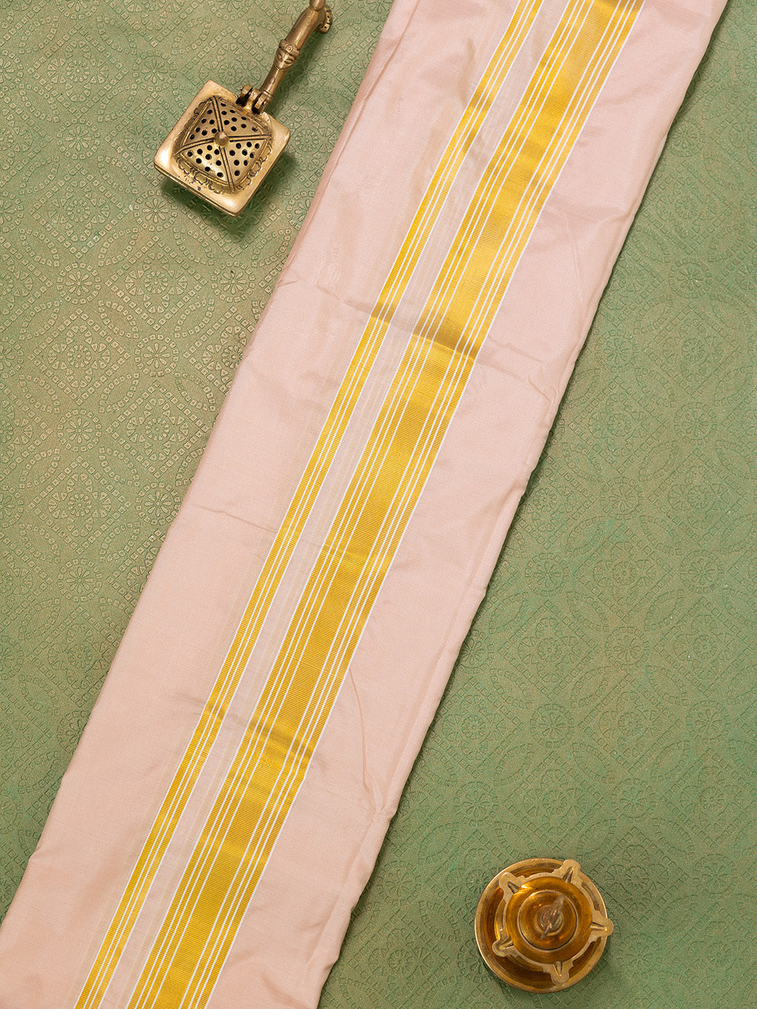 Men Pure Silk Light Peach Dhoti & Towel Set with 1 1/2" inch Jari Border TKC05