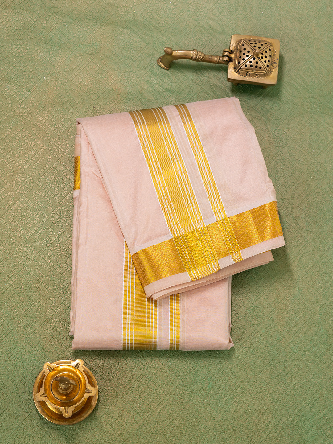 Men Pure Silk Light Peach Dhoti & Towel Set with 1 1/2" inch Jari Border TKC05