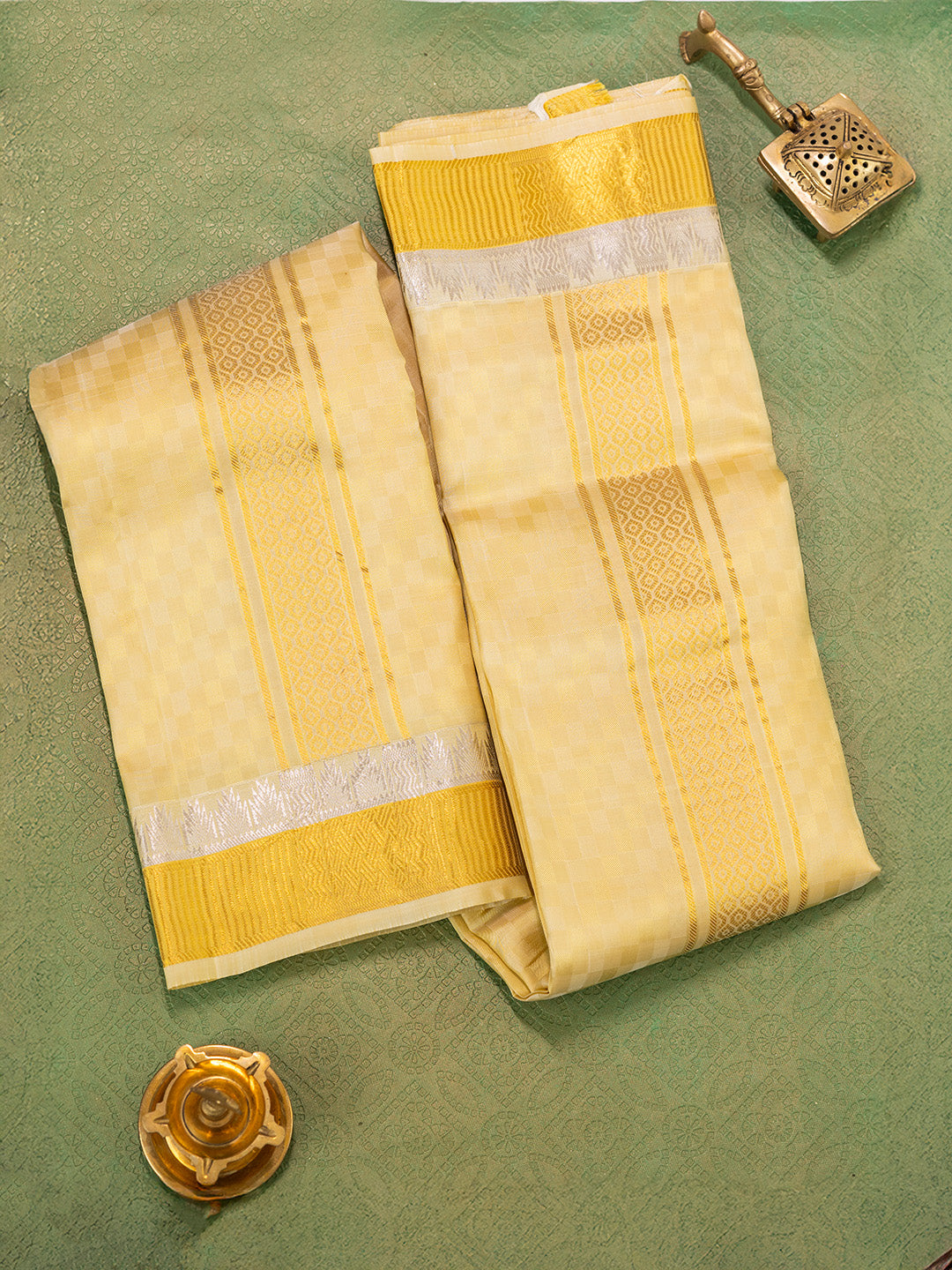 Men Pure Silk Gold Dhoti & Towel Set with 3" inch Fancy Jari Border TK18